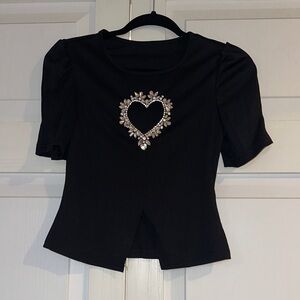 Black Embellished Cut Out Bling Heart Top